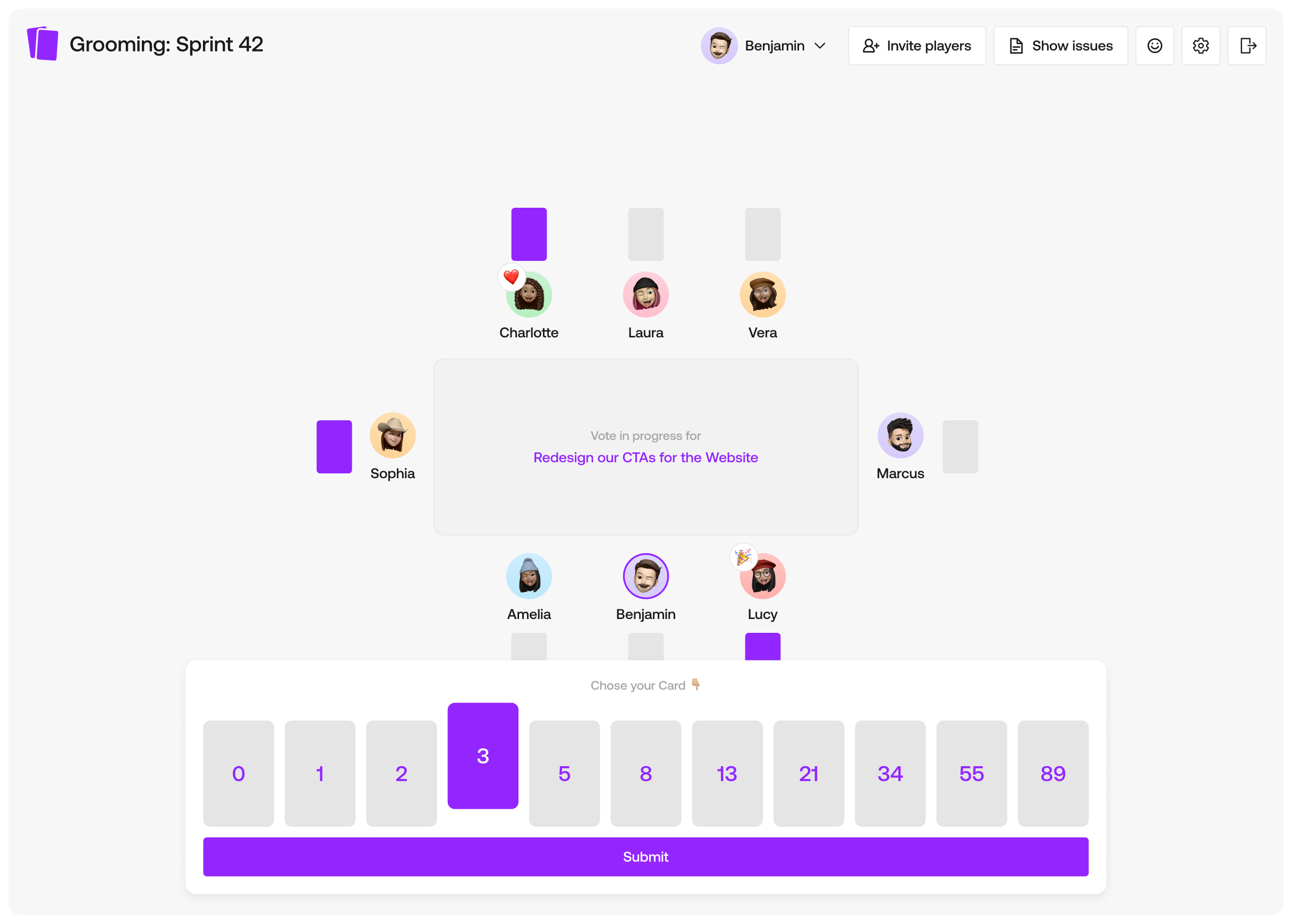 Sprintinio planning poker: team avatars around a table, Fibonacci cards, and vote in progress